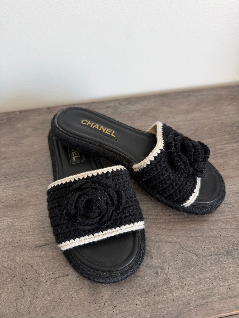 CHANEL Black Crochet Camellia Slide Mules with Ivory Trim